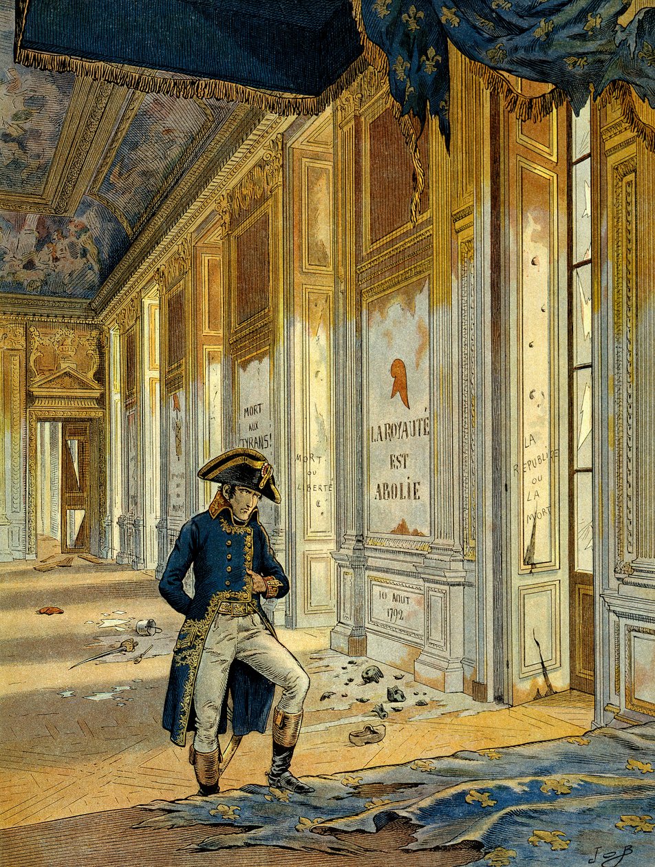 Fransk revolusjon av 1789: Napoleon I Bonaparte (1769-1821) i tronsalen ved Tuileries-palasset etter passasjen av revolusjonære som ransaket stedet. På veggen står det: "Riket er opphevet." Illustrasjon av Jacques Marie Gaston Onfray av pseudonym for Onfray de Breville Jacques Job
