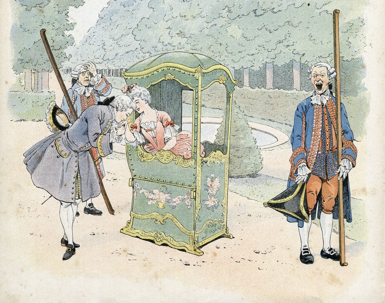 Fransk galanteri på 1700-tallet: en ung mann kysser en kvinnes hånd i rullestol. i "Frankrike, hans historie fortalt av G. Montorgueil, bilde redigert av Job"" 1896. Privat samling. av pseudonym for Onfray de Breville Jacques Job