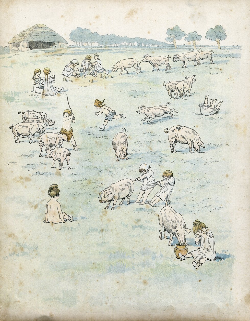 Galliske barn leker med griser på en åker. i "" Frankrike, hans historie fortalt av G. Montorgueil, imagee av Job""" 1896. Privat samling. av pseudonym for Onfray de Breville Jacques Job