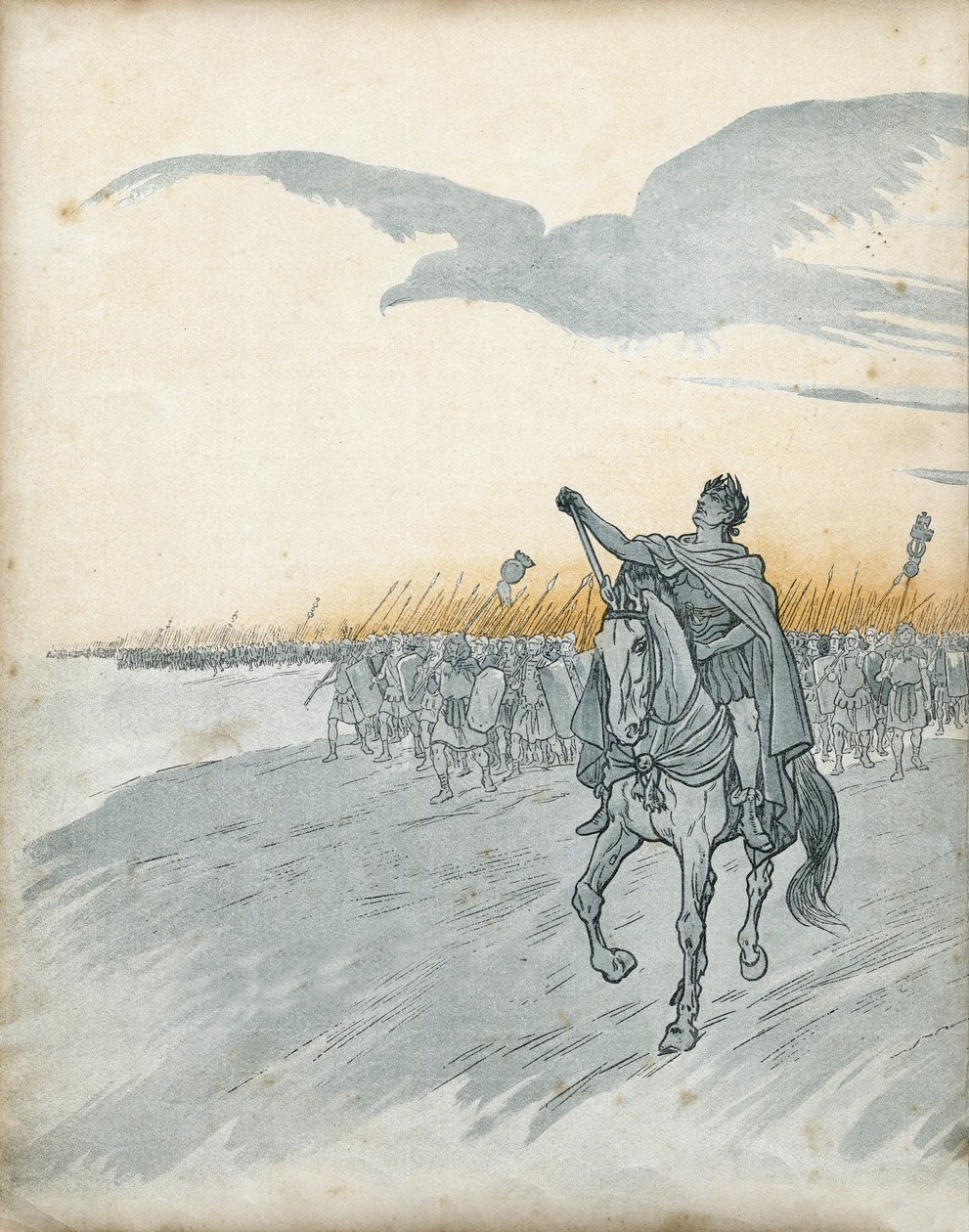 Gaul War: Gaius Julius Caesar (then Jules cesar) (100-44 BC) and his army invade Gaul. The shadow of an eagle, symbol of the Roman Empire, appears in the sky. in “France, his story told by G. Montorgueil, imaged by Job”” 1896. Private collection. av pseudonym for Onfray de Breville Jacques Job