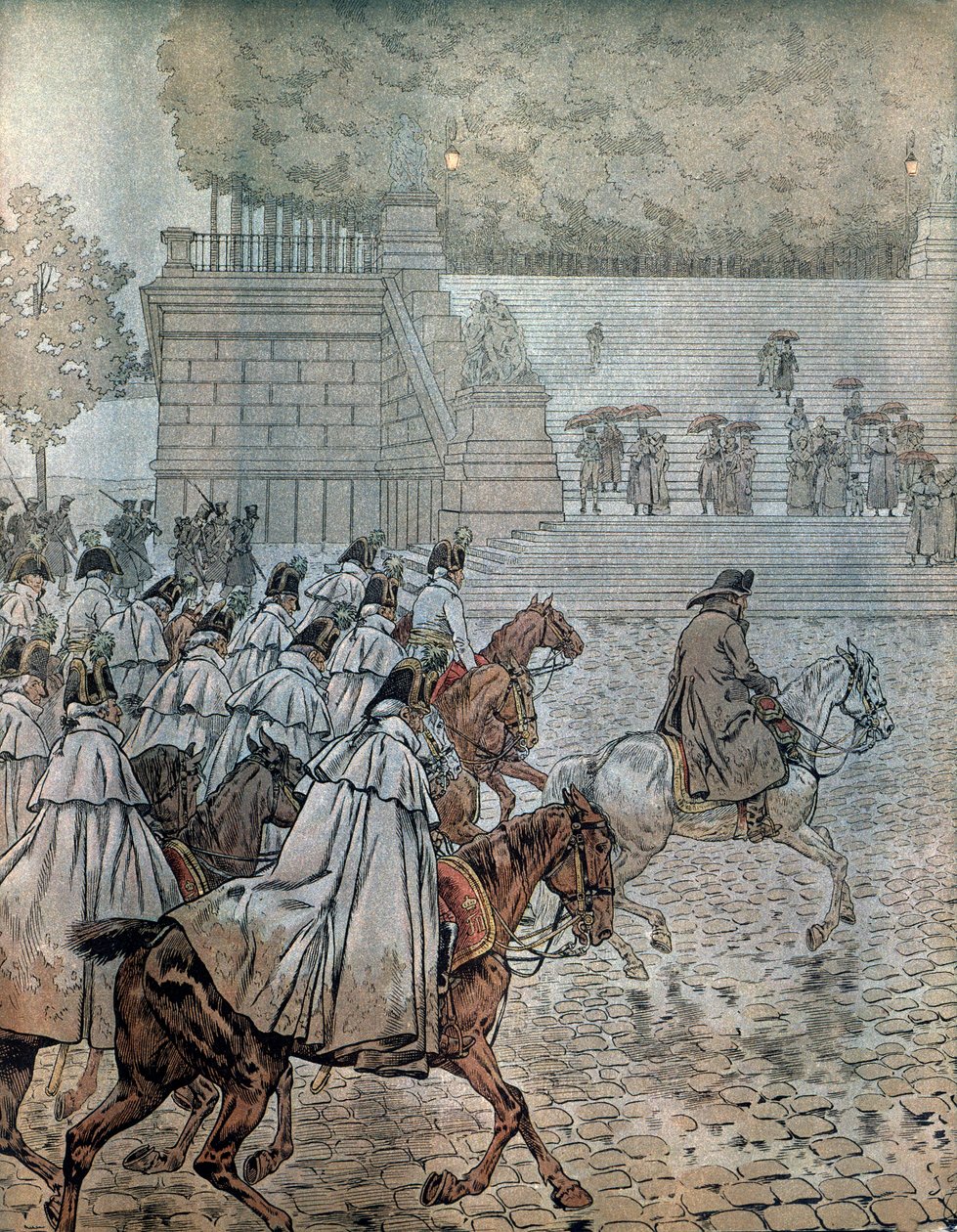 Tysk felttog i 1813: Napoleon I Bonaparte (1769-1821) og hans generalstab (stab) returnerte til Dresden etter å ha vunnet slaget 26. og 27. august. I "" Napoleon"" av Georges Montorgueil. Illustrasjon av Jacques Marie Gaston Onfray de Breville dit J av pseudonym for Onfray de Breville Jacques Job