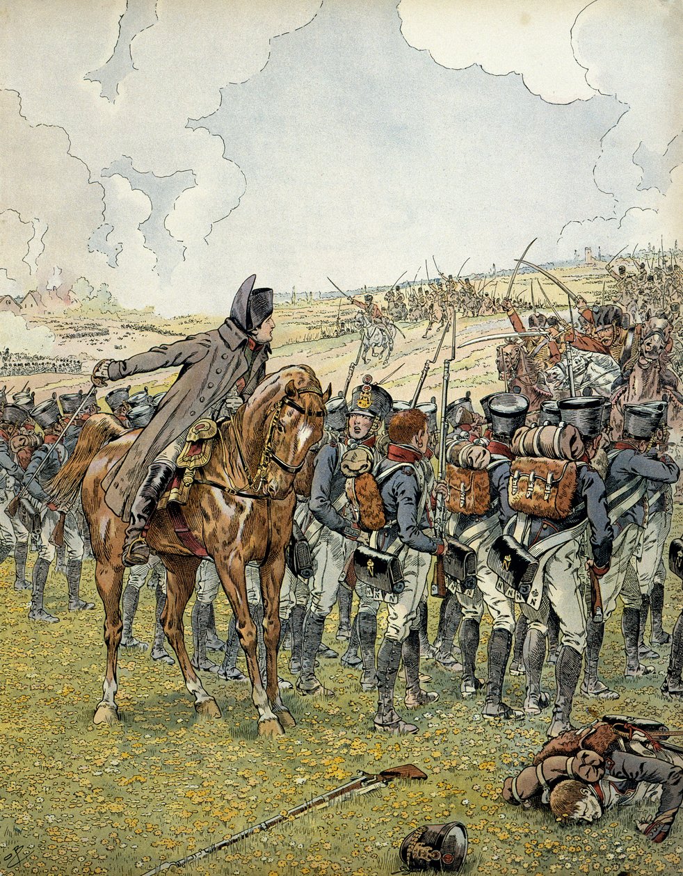 Tysk felttog i 1813: Napoleon I Bonaparte (1769-1821) i slaget ved Lutzen 2. mai 1813 kommanderte hæren hans før han vant seier. I "" Napoleon"" av Georges Montorgueil. Illustrasjon av Jacques Marie Gaston Onfray de Breville dit JOB (1858-1931) av pseudonym for Onfray de Breville Jacques Job