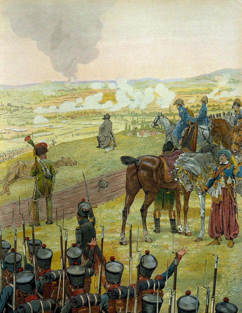 Tysk felttog i 1813: Napoleon I Bonaparte (1769-1821) sitter på en tromme og reflekterer over sin kampstrategi under slaget ved Bautzen 20. og 21. mai 1813. I "" Napoleon"" av Georges Montorgueil. Illustrasjon av Jacques Marie Gaston Onfray de Brevill av pseudonym for Onfray de Breville Jacques Job