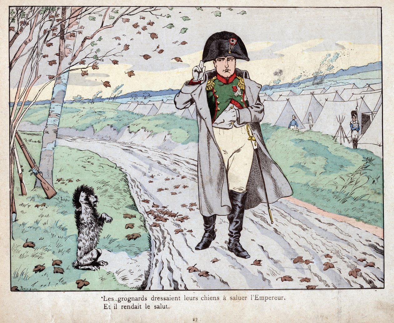 Grognards (Old Guard of Napoleon Bonaparte) trained their dogs to salute the Emperor - lithograph by Job (Jacques Onfroy de Breville) from “” Le Grand Napoleon des Petites Enfants””” 1893 av pseudonym for Onfray de Breville Jacques Job