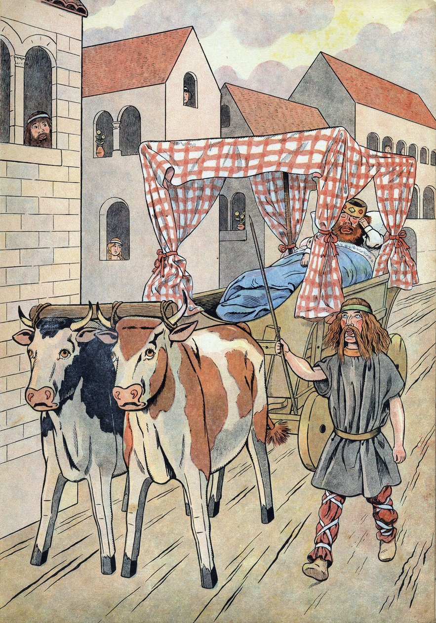 History of France. Scene depicting lazy kings in toys: King of France Thierry III (673-691) carries in a tank with a bed pulled by oxen. In “” Joujoux a l