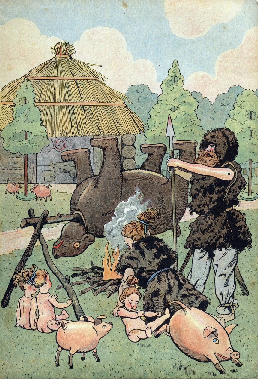 Frankrikes historie. Scene av Barbarian Gallia med leker: en gallerisk og en gallerisk kjole i bete-skinn koker en bjørn for å mate familien deres. i “” Joujoux à l'histoire: la France iscenesatt med Joujoux de deux petits Francais””. Illustrasjon av J av pseudonym for Onfray de Breville Jacques Job