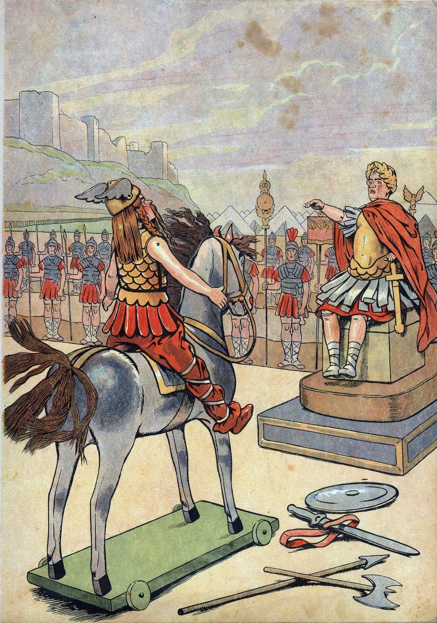 Frankrikes historie. Scene av Romersk Gallia med leker: Gallisk leder Vercingetorix (72-46 f.Kr.) går til romersk høvding Jules Cesar (100-44 f.Kr.) etter slaget ved Alesia i 52 f.Kr. i "" La oss spille historie: Frankrike iscenesatt med Joujoux  av pseudonym for Onfray de Breville Jacques Job
