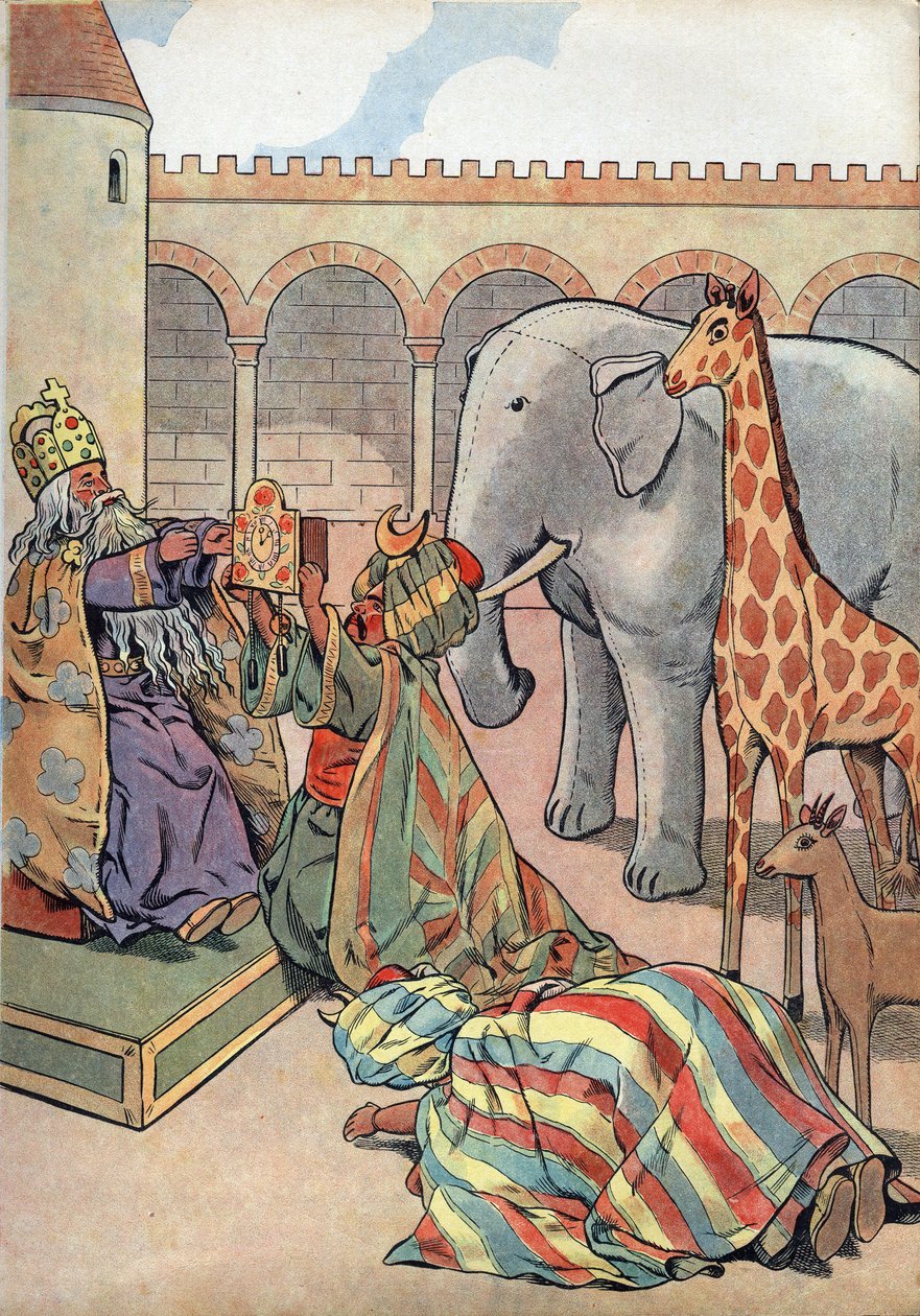 Frankrikes historie. Scene av Karl den Stores liv i leker: Kalif Haron Al Rashid (Haron-Al-Rachid) gir kongen av Frankrike Charlemagne (742-814) en sjiraff, en elefant og en klokke. I "" Joujoux a l