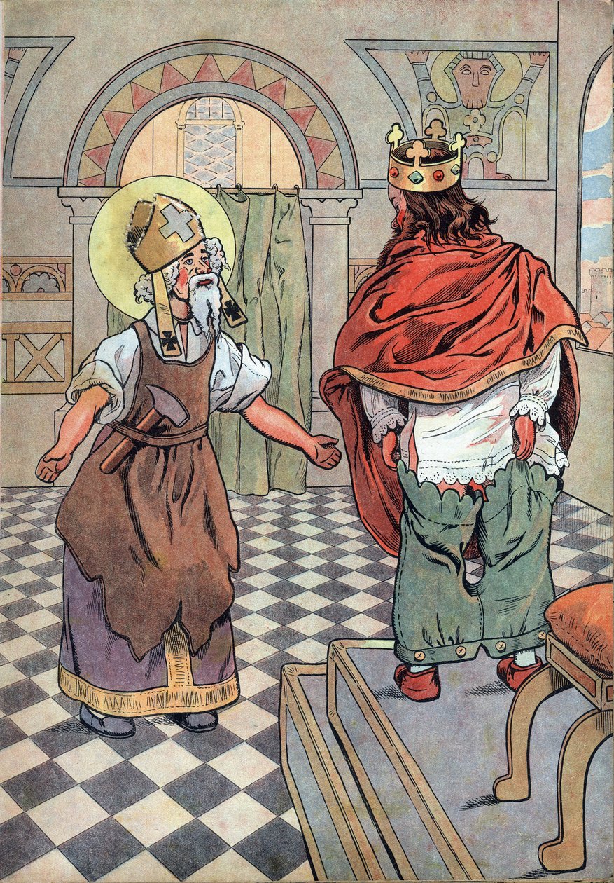 History of France. Scene of the life of King Dagobert with toys: Saint Eloi (v.588-659) points out to the King of France Dagobert I (602 or 605-638 or 639) that his trousers were put upside down (underpants upside down). In “” Joujoux a l