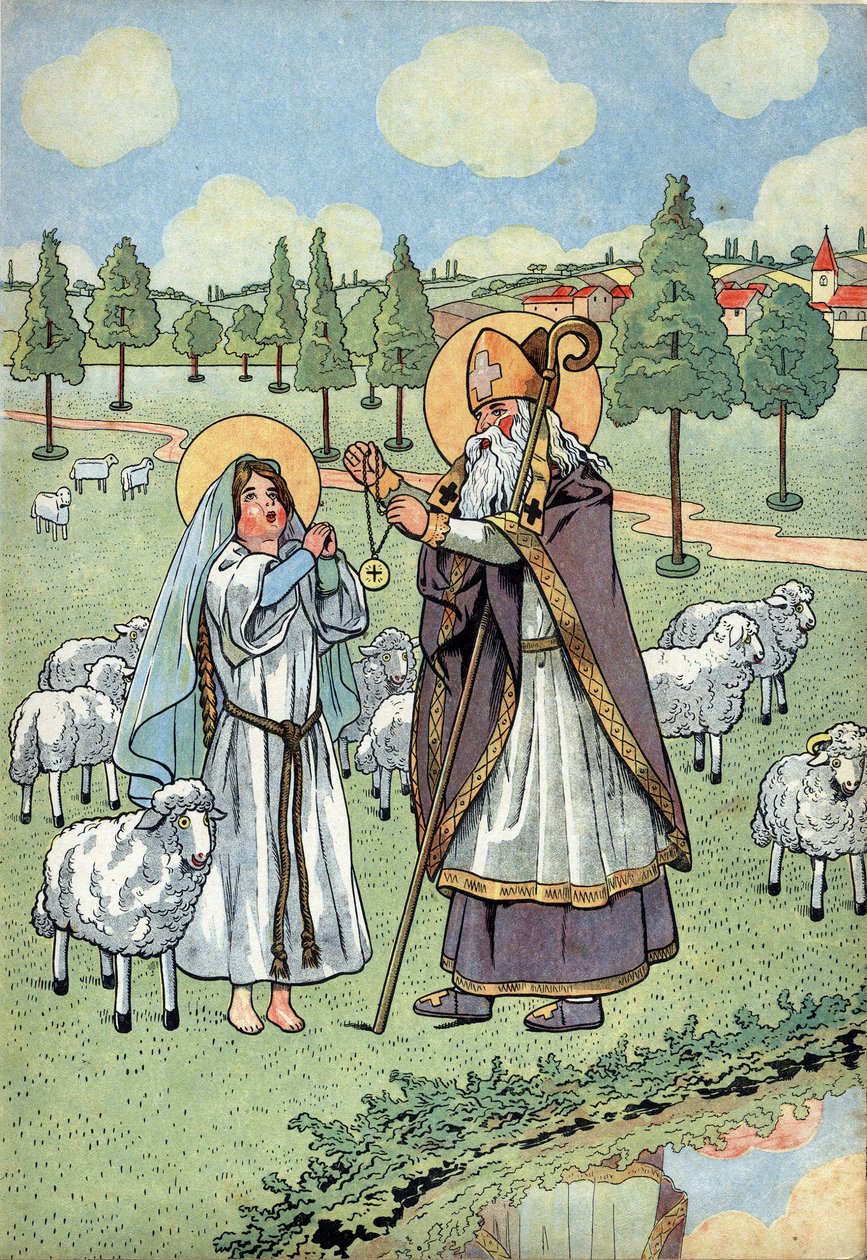 Frankrikes historie. Scene fra livet til Sainte Genevieve med leker: Eve Saint Germain d'Auxerre (V.378-448) passerer medaljen som faller fra himmelen rundt halsen på Sainte Genevieve (v.423-512), hyrden som holdt sauene sine i Nanterre. i «La oss pla av pseudonym for Onfray de Breville Jacques Job