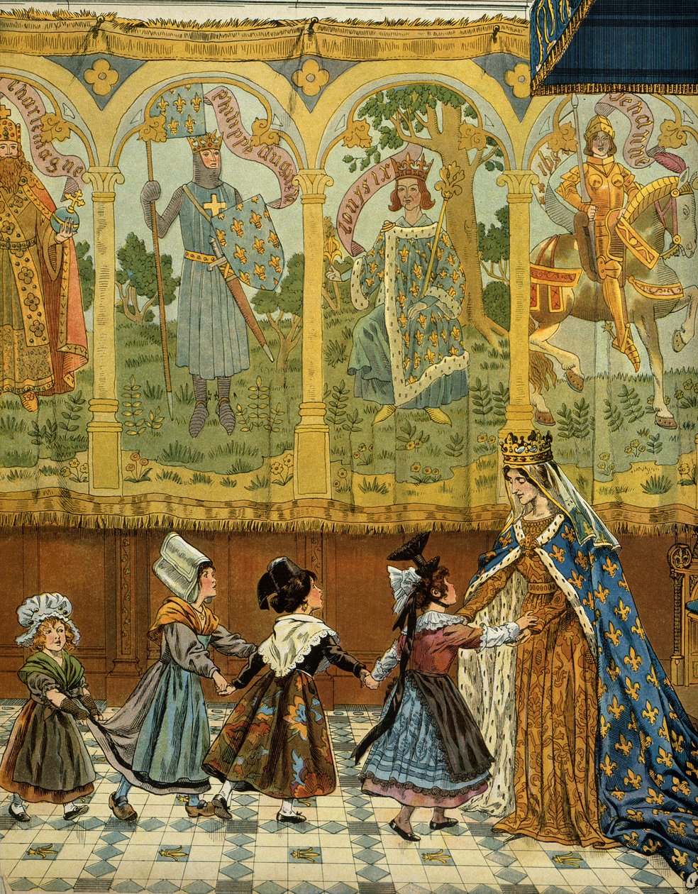 Historien til Frankrike i middelalderen (middelalderen): Allegori av de franske provinsene attesterte Frankrikes krone under regjeringen til kong Ludvig XI kalt den forstandige (1423-1483). Illustrasjon av Jacques Marie Gaston Onfray de Breville dit JOB (1 av pseudonym for Onfray de Breville Jacques Job