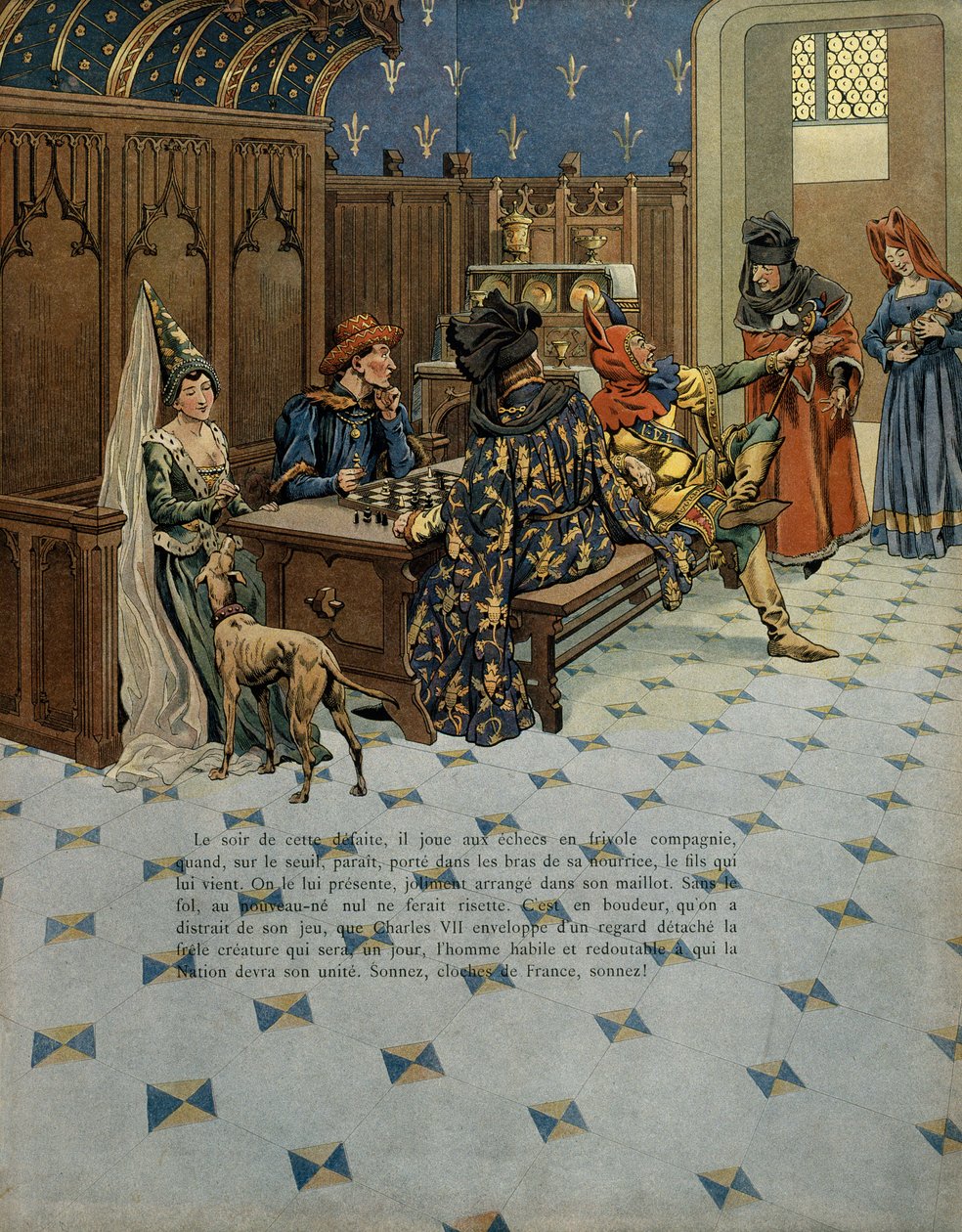 Historien om Frankrike i middelalderen (middelalderen): Ludvigs fødsel (den gang kongen av Frankrike Ludvig XI kalte den forstandige (1423-1483). Han er til stede for sin far kong Karl VII (1403-1461). Illustrasjon av Jacques Marie Gaston Onfray de Brevill av pseudonym for Onfray de Breville Jacques Job
