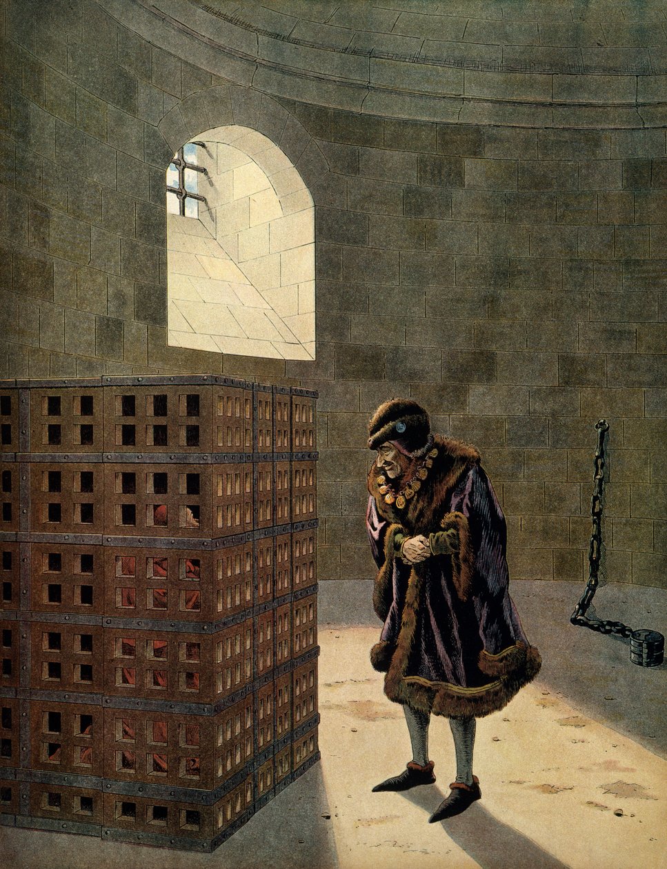 Historien til Frankrike i middelalderen (middelalderen): Kardinal Jean Balue (1422-1491) fange i et av de berømte burene til kongen av Frankrike Louis XI kalt den forstandige (1423-1483) Illustrasjon av Jacques Marie Gaston Onfray de Breville dit JOB (1858 av pseudonym for Onfray de Breville Jacques Job