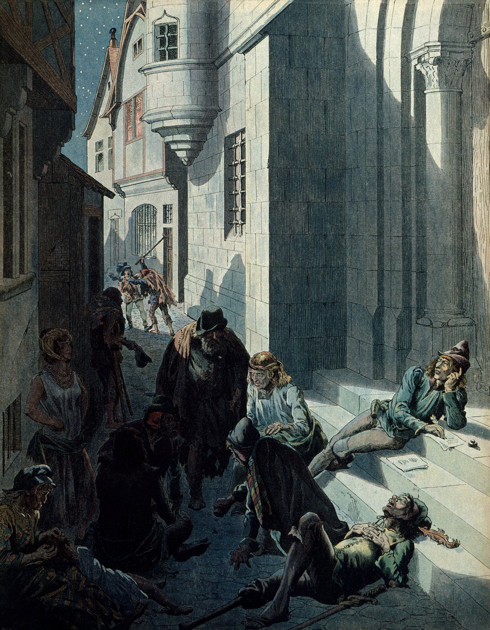 Frankrikes historie i middelalderen (middelalderen): Francois de Montcorbier kjent som Francois Villon (1431-1463?), poet, komponerer verkene sine i elendigheten i gatene i Paris. Illustrasjon av Jacques Marie Gaston Onfray de Breville dit JOB (1858-1931) av pseudonym for Onfray de Breville Jacques Job