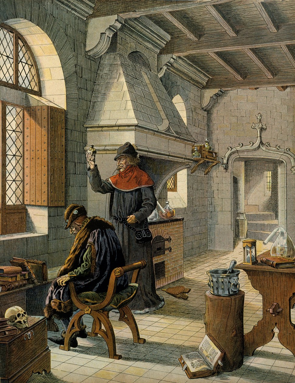 Historien til Frankrike i middelalderen (middelalderen): Jacques Coictier, første lege for kongen av Frankrike Louis XI kalte den forstandige (1423-1483), og forberedte et middel for ham. Illustrasjon av Jacques Marie Gaston Onfray de Breville dit JOB (185 av pseudonym for Onfray de Breville Jacques Job
