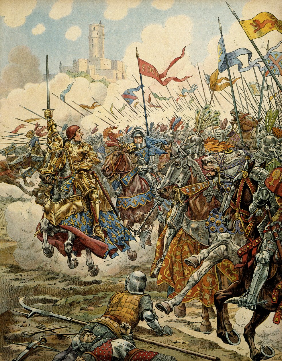 Frankrikes historie i middelalderen (middelalderen): Kong Ludvig XI kalte den forstandige (1423-1483) i spissen for sin hær under slaget ved Montlery mot Ligue du Bien Public, 16. juli av pseudonym for Onfray de Breville Jacques Job
