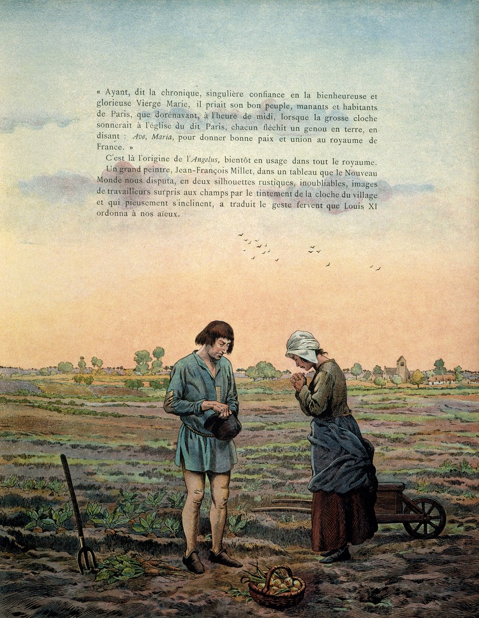 Historien til Frankrike i middelalderen (middelalderen): Kong Ludvig XI sier at den forstandige (1423-1483) etablerer angelusens bønn. Illustrasjon av Jacques Marie Gaston Onfray de Breville dit JOB (1858-1931) av pseudonym for Onfray de Breville Jacques Job