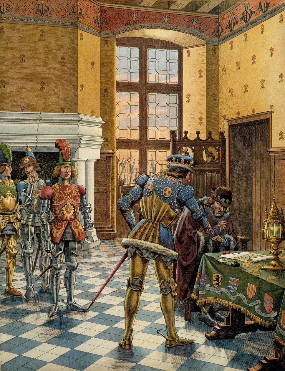 Historien til Frankrike i middelalderen (middelalderen): Peronnes intervju mellom 9. og 14. oktober 1468 mellom kong Ludvig XI sa den forstandige (1423-1483) og Charles the Temeraire (1433-1477) Illustrasjon av Jacques Marie Gaston Onfray av Breville kalt  av pseudonym for Onfray de Breville Jacques Job