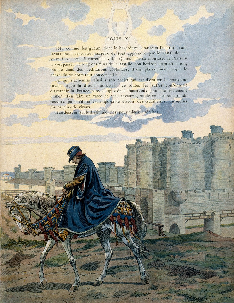 Historien til Frankrike i middelalderen (middelalderen): Kongen av Frankrike Ludvig XI kalt den forstandige (1423-1483) går gjennom gatene i Paris og foran Bastille-fengselet uten å pynte eller eskortere. Illustrasjon av Jacques Marie Gaston Onfray av pseudonym for Onfray de Breville Jacques Job