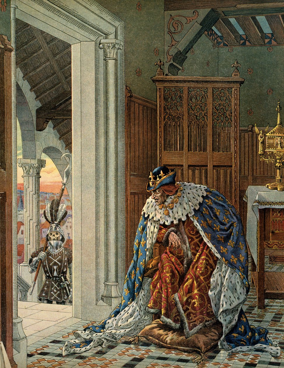 Historien til Frankrike i middelalderen (middelalderen): Kongen av Frankrike Ludvig XI sier at den forstandige (1423-1483) er redd for døden som kommer i rustning på dørstokken. Illustrasjon av Jacques Marie Gaston Onfray de Breville dit JOB (1858-1931) av pseudonym for Onfray de Breville Jacques Job