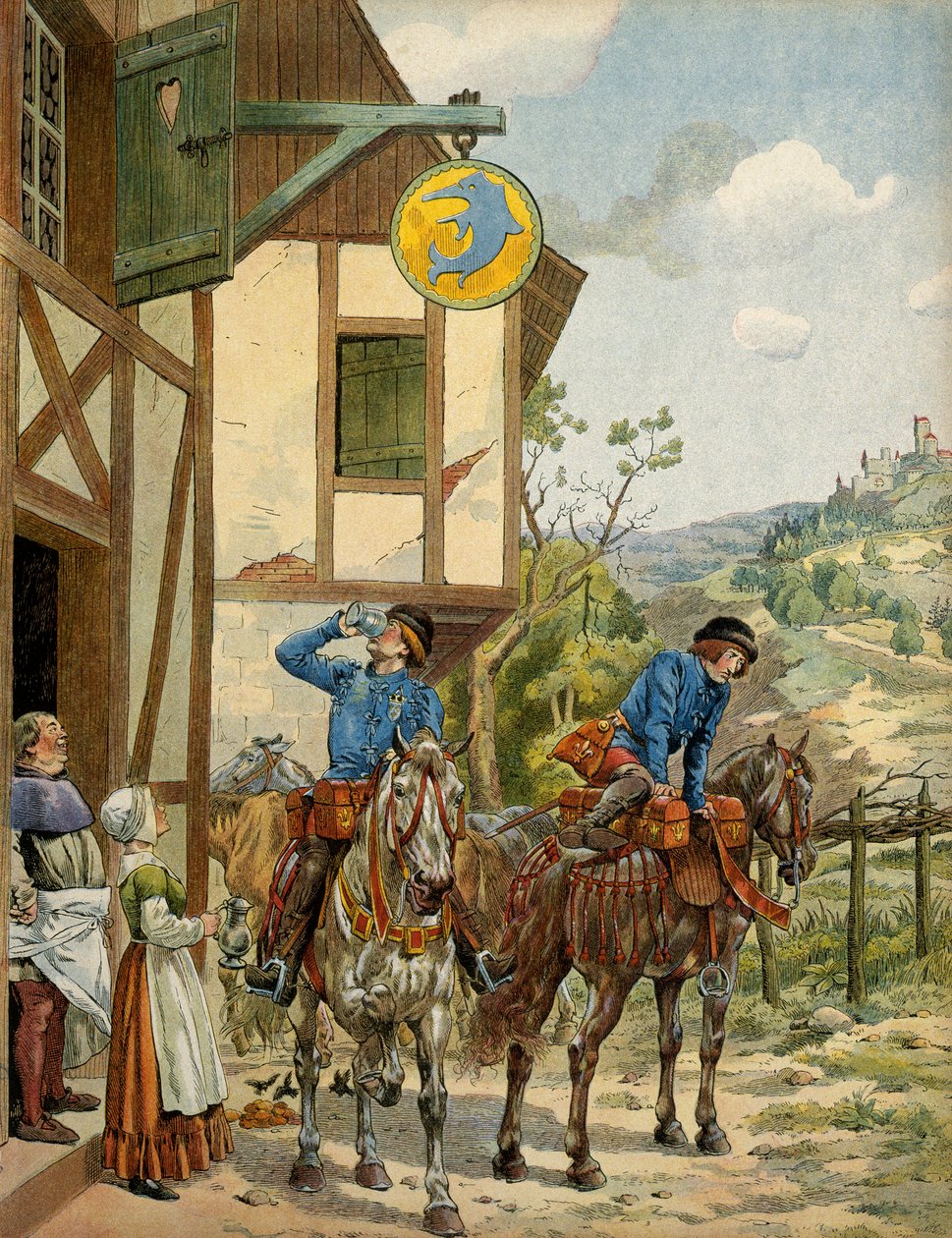 Frankrikes historie i middelalderen (middelalderen): ettertjeneste under kong Ludvig XIs regjering kalt den forstandige (1423-1483). Horseback Poststasjonering på et vertshus. Illustrasjon av Jacques Marie Gaston Onfray de Breville dit JOB (1858-1931) av pseudonym for Onfray de Breville Jacques Job