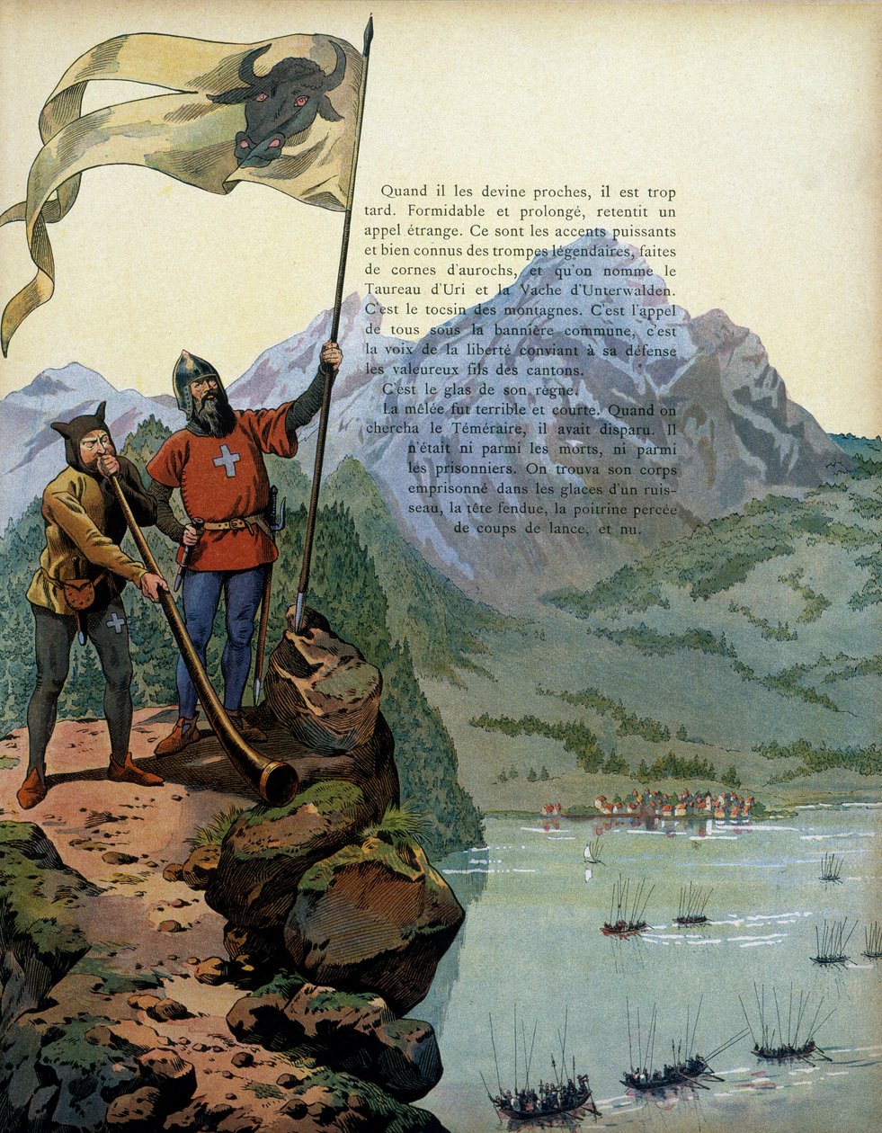 Frankrikes historie i middelalderen: troppene til Charles the Temeraire (1433-1477), hertugen av Burgund, kommer inn i Vaud i Sveits. Illustrasjon av Jacques Marie Gaston Onfray de Breville dit JOB (1858-1931) av pseudonym for Onfray de Breville Jacques Job
