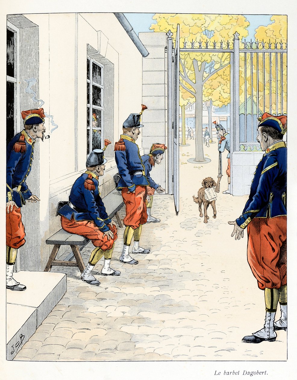 Illustrasjon hentet fra boken «A la gloire des betes»»-tekst av A Fabre, tegninger av Jacques Marie Gaston Onfray de Breville dit JOB (1858-1931), utgiver Maison Alfred Mame et fils: The Barbet Dagobert (i en brakke i Paris) ), Samling Delvis av pseudonym for Onfray de Breville Jacques Job