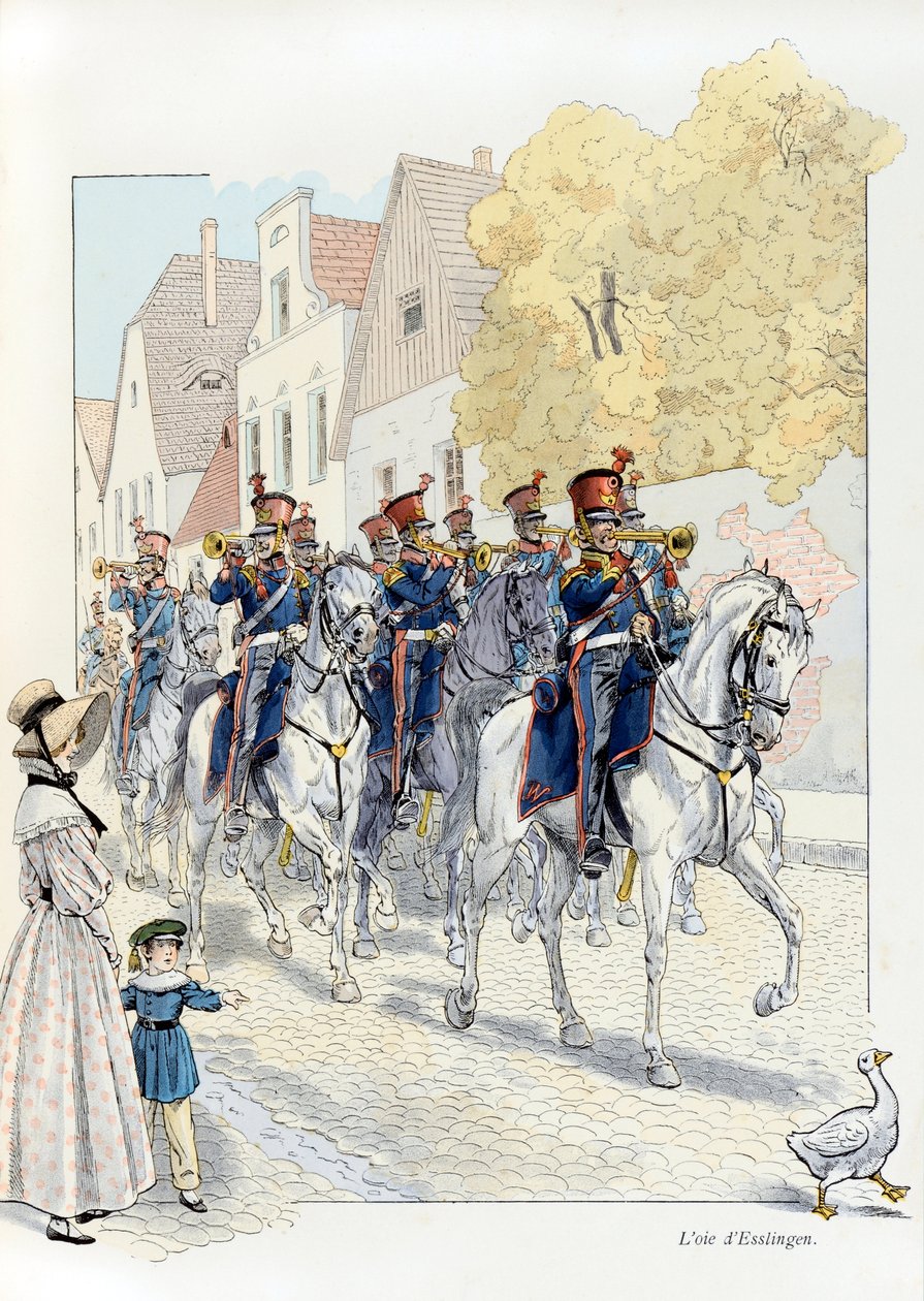 Illustrasjon fra boken «A la Glory des Betes»»-tekst av A Fabre, tegninger av Jacques Marie Gaston Onfray de Breville dit JOB (1858-1931), utgiver Maison Alfred Mame et fils: L’oie d’Esslingen (i 1833, regimentsmaskot, marsjerer hun i hodet, Saml av pseudonym for Onfray de Breville Jacques Job