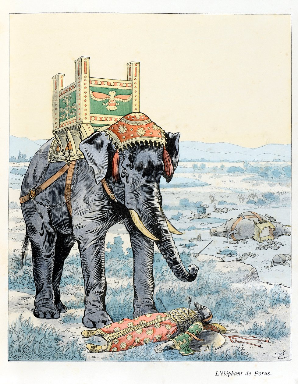 Illustrasjon fra boken «In the Glory of the Beasts»»-tekst av A Fabre, tegninger av Jacques Marie Gaston Onfray de Breville sier JOB (1858-1931), forlegger Maison Alfred Mother and Son: The Elephant of Porus (At the Battle of Hydaspe). i 328 f.Kr. ble Poru av pseudonym for Onfray de Breville Jacques Job