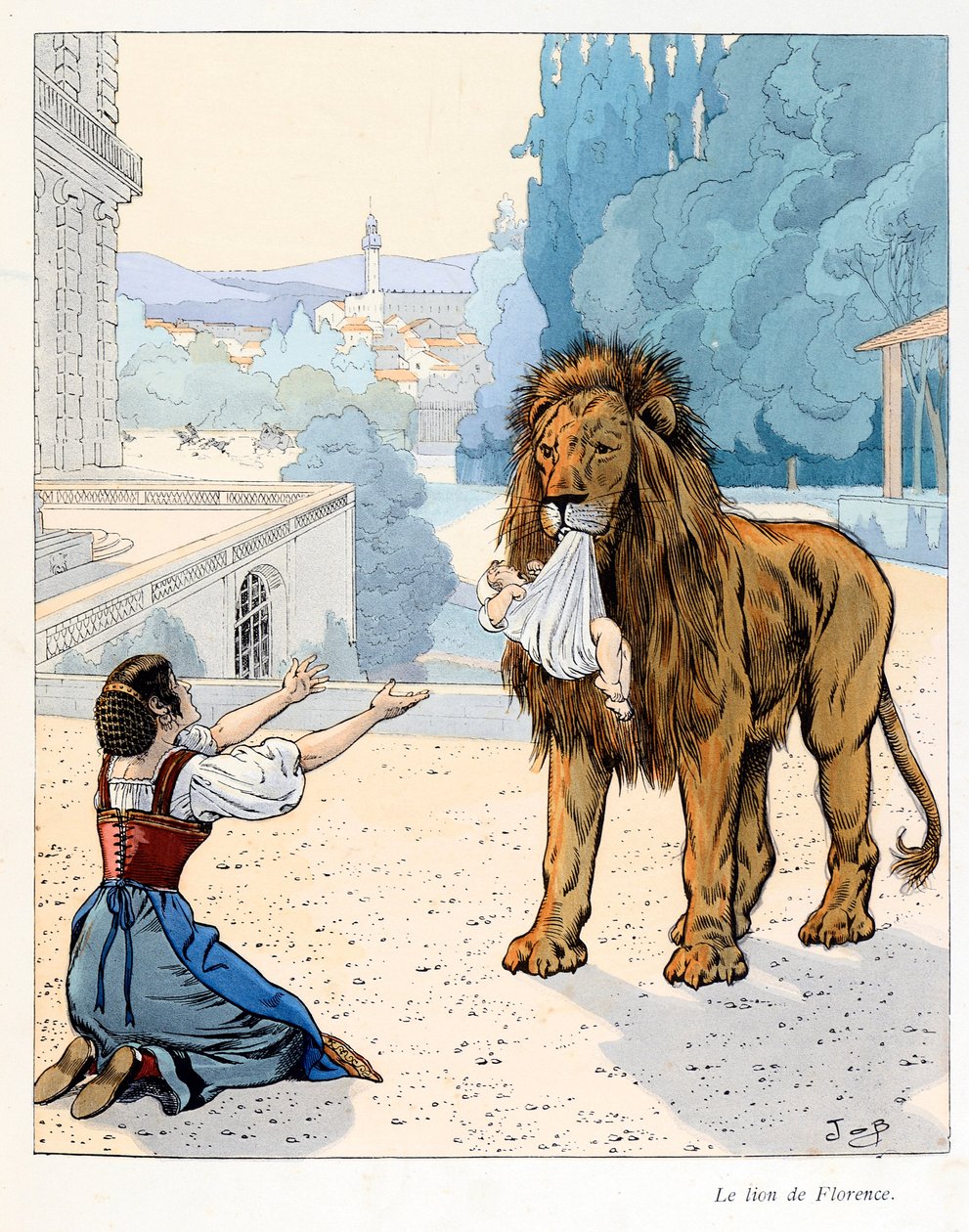 Illustrasjon fra boken «A la gloire des betes»» tekst av A Fabre, tegninger av Jacques Marie Gaston Onfray de Breville dit JOB (1858-1931), forlegger Maison Alfred Mame og sønn: The lion of Florence (flukt fra menasjeriet til storhertugen av Florenc av pseudonym for Onfray de Breville Jacques Job