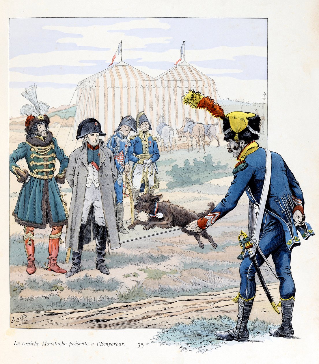 Illustrasjon fra boken «A la gloire des betes»» tekst av A Fabre, tegninger av Jacques Marie Gaston Onfray de Breville dit JOB (1858-1931), forlag Maison Alfred Mame et fils: Bartpuddelen presentert til keiseren (Napoleon I ) (han reddet et flagg av pseudonym for Onfray de Breville Jacques Job