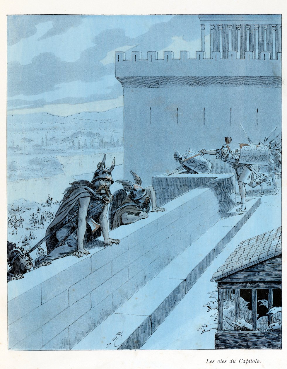 Illustrasjon fra boken "A la Glory des Betes"" tekst av A Fabre, tegninger av Jacques Marie Gaston Onfray de Breville dit JOB (1858-1931), redaktør Maison Alfred Mame et fils: Les goies du Capitole (890 f.Kr.), les Gallernes beleiring av Roma, delvis samli av pseudonym for Onfray de Breville Jacques Job