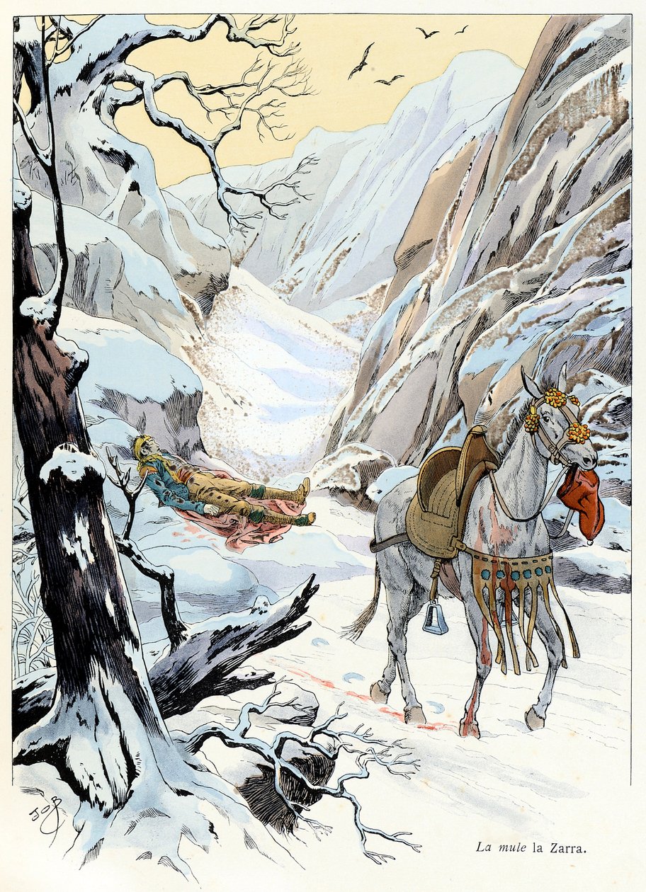 Illustrasjon fra boken «A la gloire des betes»» tekst av A Fabre, tegninger av Jacques Marie Gaston Onfray de Breville dit JOB (1858-1931), forlegger Maison Alfred Mame og sønn: La muldyr 