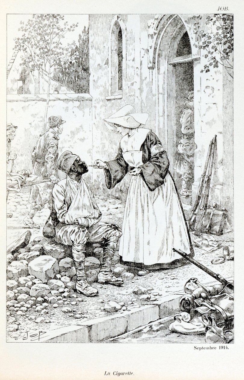 Illustrasjon fra boken "La Grande Guerre par les artistes"": "" La cigarette Septembre 1914""" religiøse som gir en sigarett til en såret soldat av Jacques Marie Gaston Onfray de Breville dit JOB (1858-1931), Delsamling av pseudonym for Onfray de Breville Jacques Job