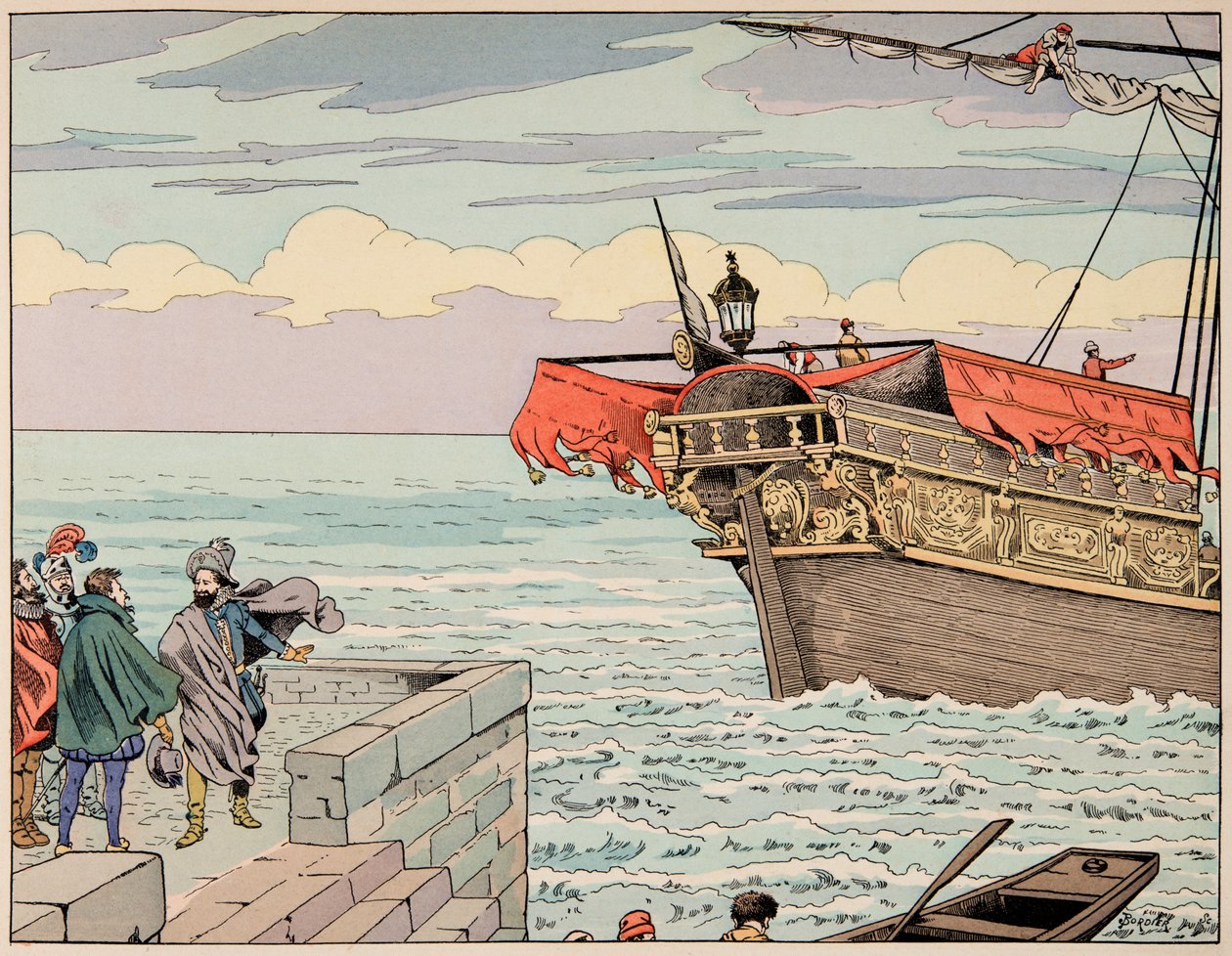 Illustrasjon fra boken “” Le bon roy Henri””, illustrert av Jacques Marie Gaston Onfray de Breville dit JOB (1858-1931): Henri IV nekter råd om å rømme til England - Privat samling av pseudonym for Onfray de Breville Jacques Job