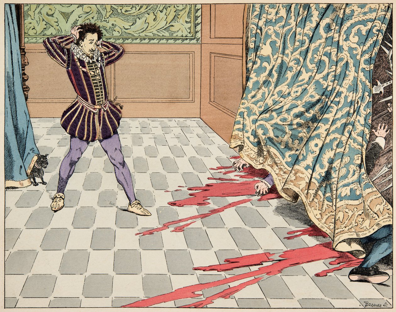 Illustrasjon fra boken “Le bon roy Henri”, illustrert av Jacques Marie Gaston Onfray de Breville dit JOB (1858-1931): På dagen for Saint Barthelemy er hans to venner, Segur og La Rochefoucauld egorges foran øynene hans - Privat samling av pseudonym for Onfray de Breville Jacques Job