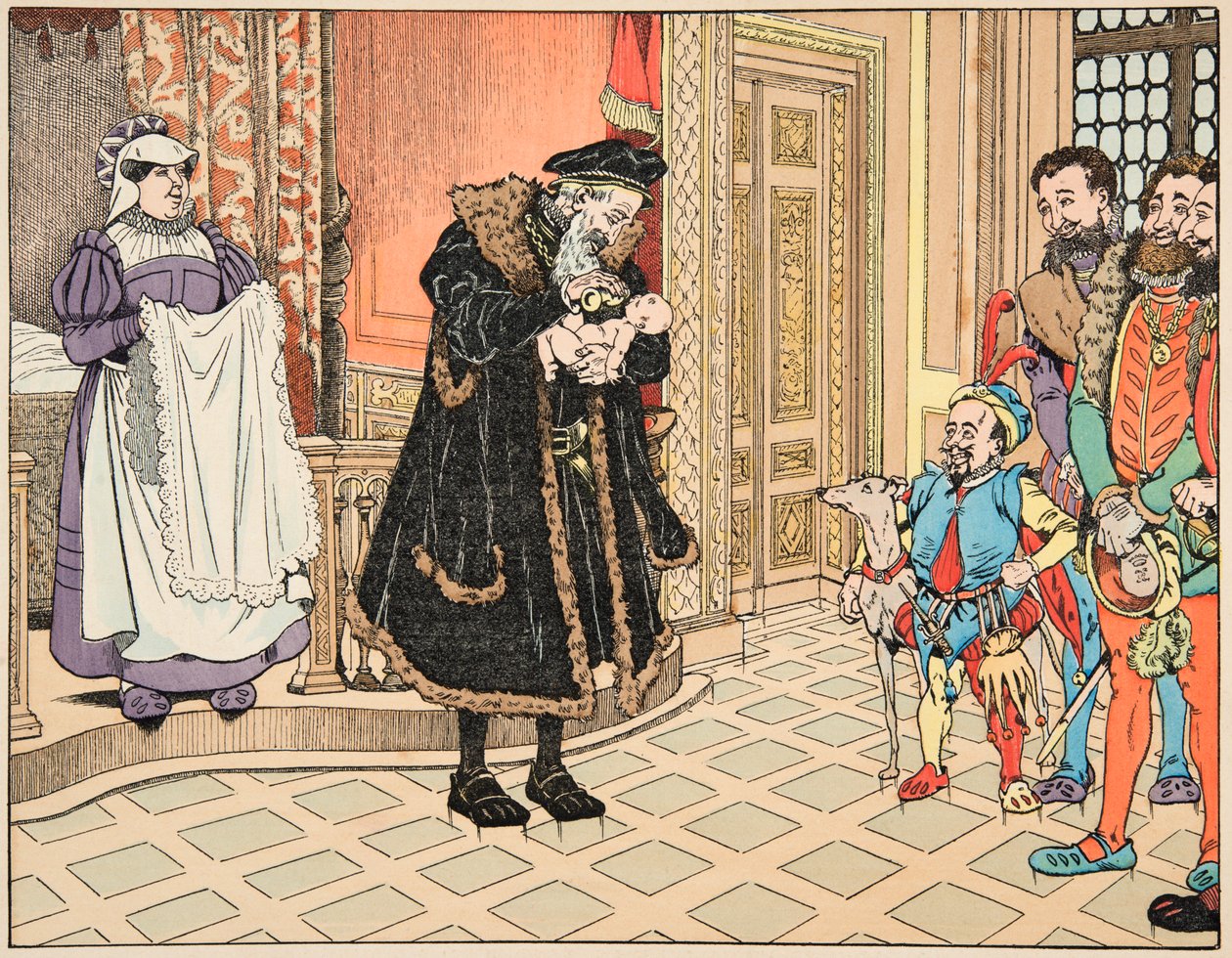Illustrasjon fra boken “Le bon roy Henri””, illustrert av Jacques Marie Gaston Onfray de Breville dit JOB (1858-1931): Fødsel av Henri IV, hans bestefar, Henri d