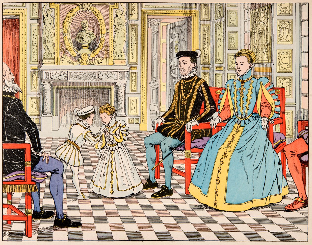 Illustrasjon fra boken "Le bon roy Henri", illustrert av Jacques Marie Gaston Onfray de Breville dit JOB (1858-1931): Antoine de Bourbon tok ham med til Paris og presenterte ham for sin fetter Henri II, som rakte ham hånden til sin datter Marguerite de av pseudonym for Onfray de Breville Jacques Job