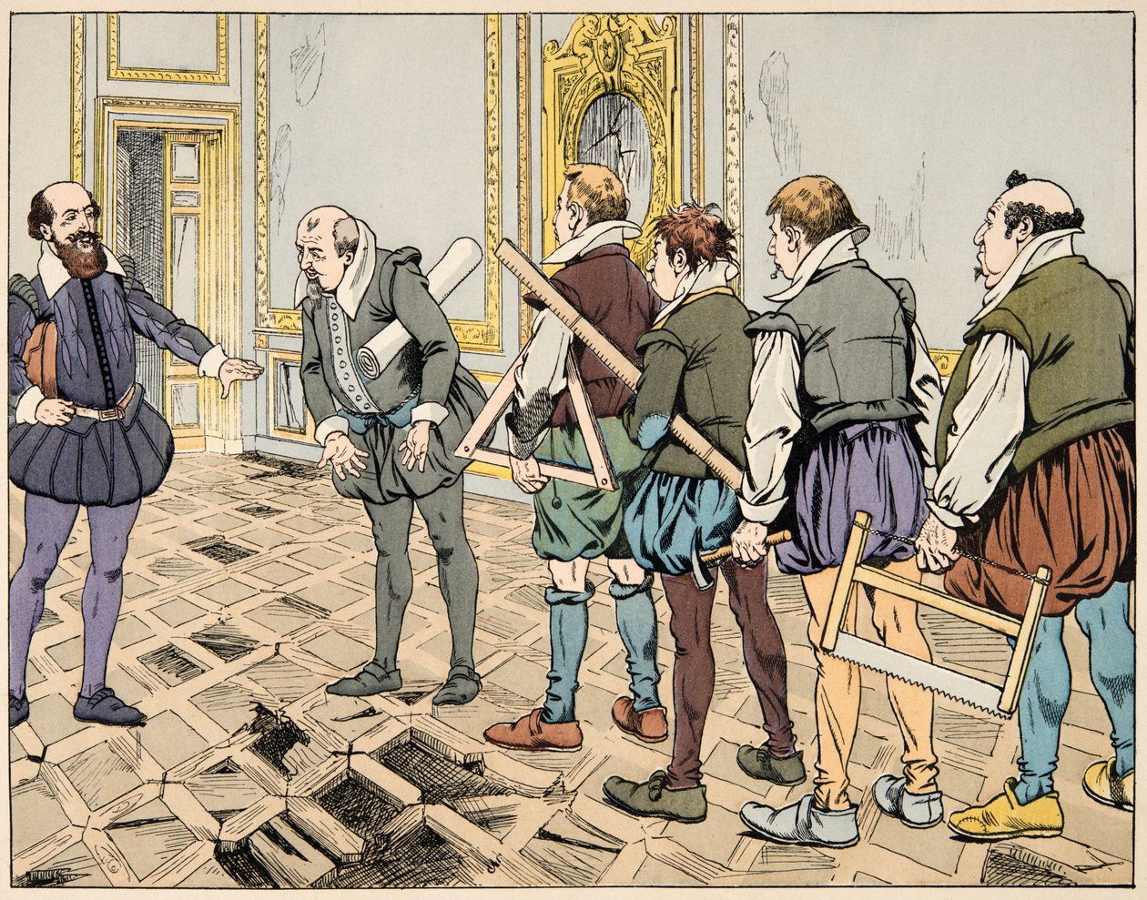 Illustrasjon fra boken "Le bon roy Henri", illustrert av Jacques Marie Gaston Onfray de Breville dit JOB (1858-1931): Sully (Maximilian de Bethune) viser en alvorlig økonomi - Privat samling av pseudonym for Onfray de Breville Jacques Job