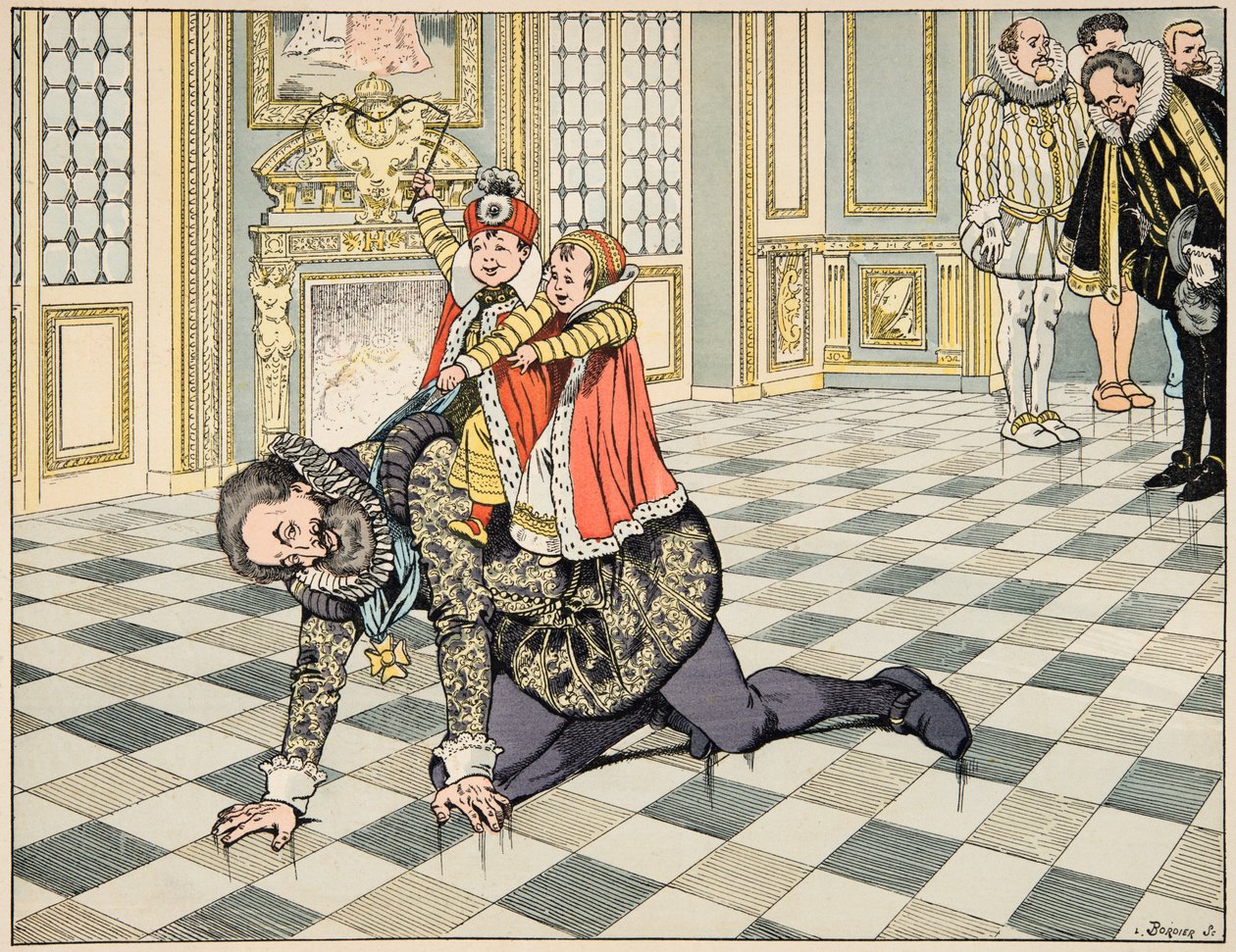 Illustrasjon fra boken “Le bon roy Henri”, illustrert av Jacques Marie Gaston Onfray de Breville dit JOB (1858-1931): Foran den spanske ambassadøren leker Henri IV med barna sine - Privat samling av pseudonym for Onfray de Breville Jacques Job