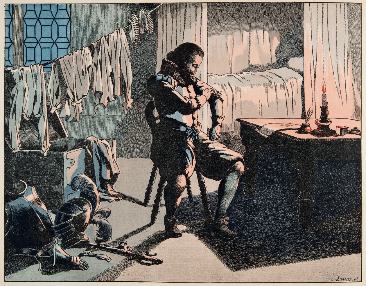 Illustrasjon fra boken “” Le bon roy Henri””, illustrert av Jacques Marie Gaston Onfray de Breville dit JOB (1858-1931): I 1589 ble Henri konge av Frankrike, men uten penger - Privat samling av pseudonym for Onfray de Breville Jacques Job