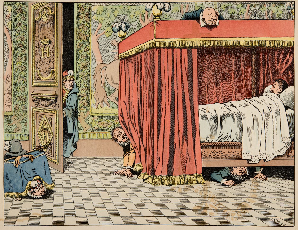 Illustrasjon fra boken “Le bon roy Henri”, illustrert av Jacques Marie Gaston Onfray de Breville dit JOB (1858-1931): Henri IV bor i Paris under spions øye - Privat samling av pseudonym for Onfray de Breville Jacques Job