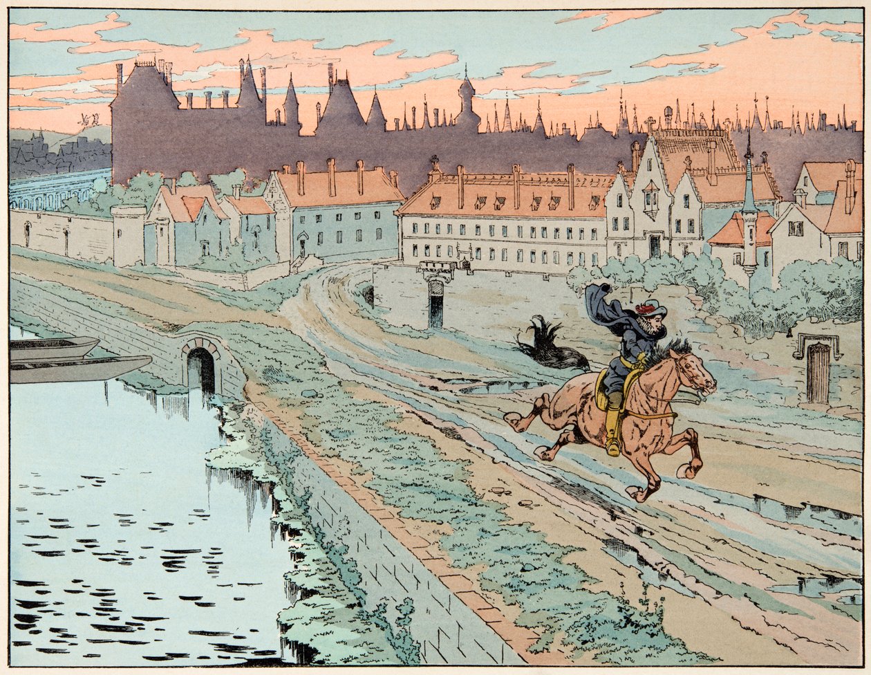 Illustrasjon hentet fra boken “” Le bon roy Henri””, illustrert av Jacques Marie Gaston Onfray de Breville dit JOB (1858-1931): I 1575 flyktet Henri IV fra Paris - Privat samling av pseudonym for Onfray de Breville Jacques Job