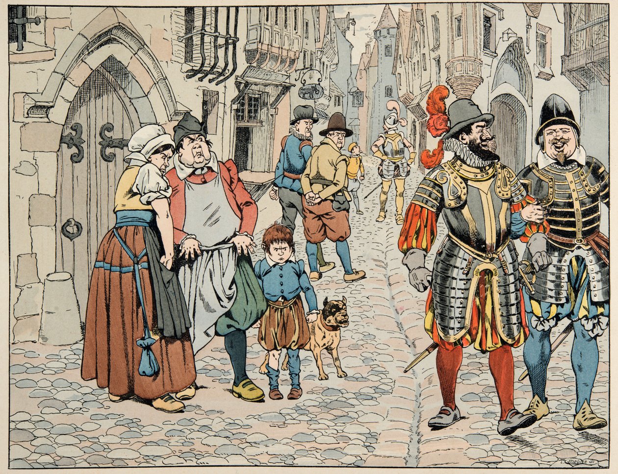 Illustrasjon hentet fra boken “” Le bon roy Henri””, illustrert av Jacques Marie Gaston Onfray de Breville dit JOB (1858-1931): Parisere ser med dårlig øye de utenlandske troppene som kommer for å hjelpe dem - Privat samling av pseudonym for Onfray de Breville Jacques Job
