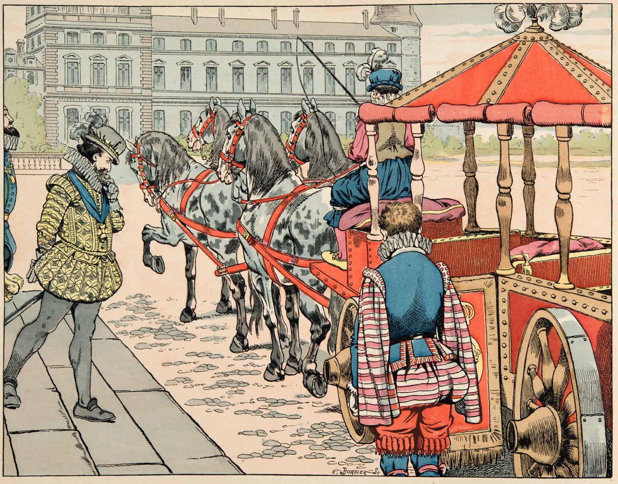 Illustrasjon hentet fra boken “” Le bon roy Henri””, illustrert av Jacques Marie Gaston Onfray de Breville dit JOB (1858-1931): Den 14. mai 1610 appellerer Henri IV til å sitte i sin utildekkede vogn – Privat samling av pseudonym for Onfray de Breville Jacques Job