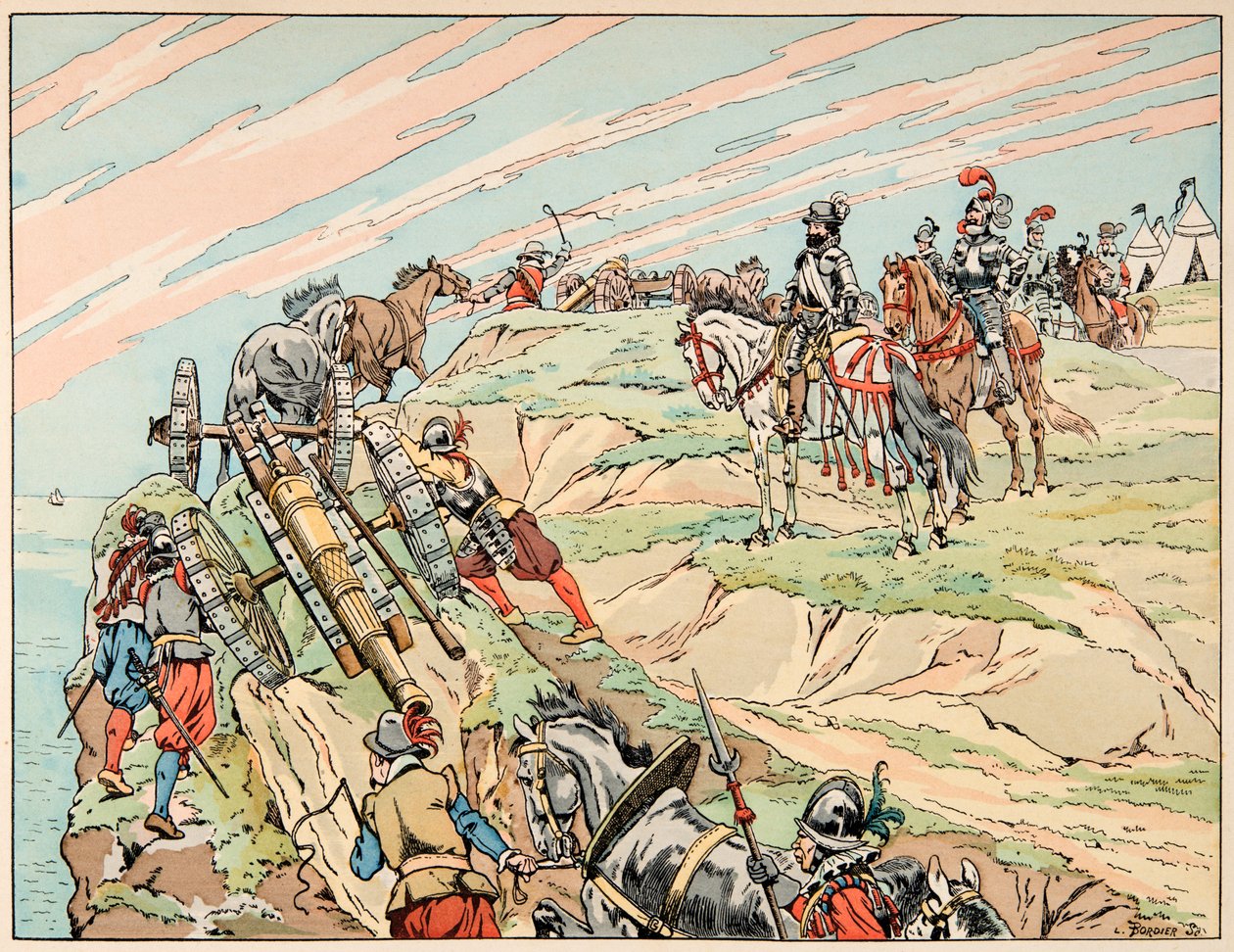 Illustrasjon hentet fra boken “” Le bon roy Henri””, illustrert av Jacques Marie Gaston Onfray de Breville dit JOB (1858-1931): Henri IV i krig etablerte leiren sin nær Dieppe med artilleriet sitt - Privat samling av pseudonym for Onfray de Breville Jacques Job