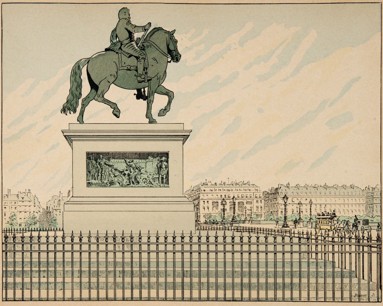 Illustrasjon hentet fra boken “” Le bon roy Henri””, illustrert av Jacques Marie Gaston Onfray de Breville dit JOB (1858-1931): Statue erige til minne om Henri IV - Privat samling av pseudonym for Onfray de Breville Jacques Job