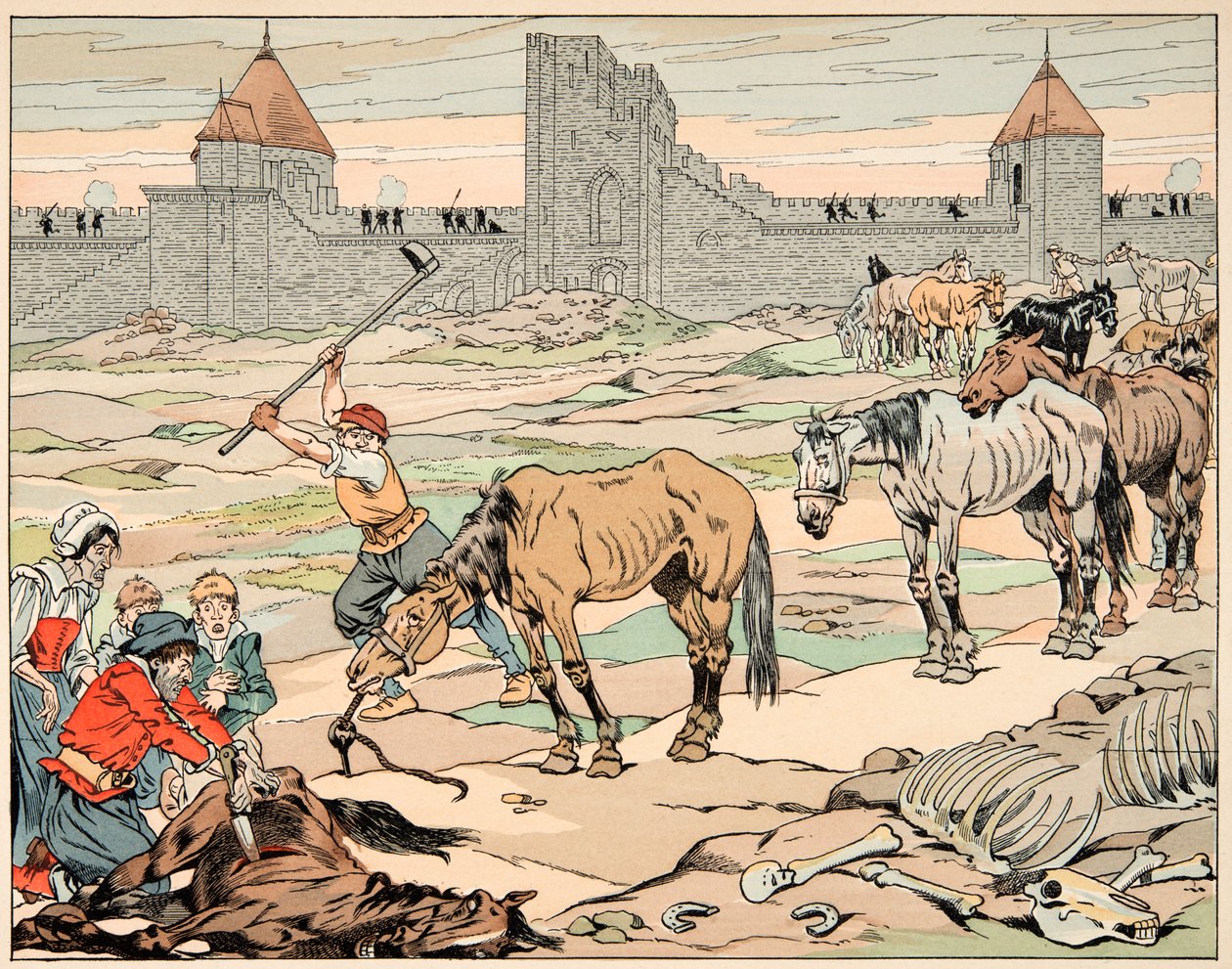 Illustrasjon hentet fra boken “” Le bon roy Henri””, illustrert av Jacques Marie Gaston Onfray de Breville dit JOB (1858-1931): sultne parisere slakter hestene deres - Privat samling av pseudonym for Onfray de Breville Jacques Job