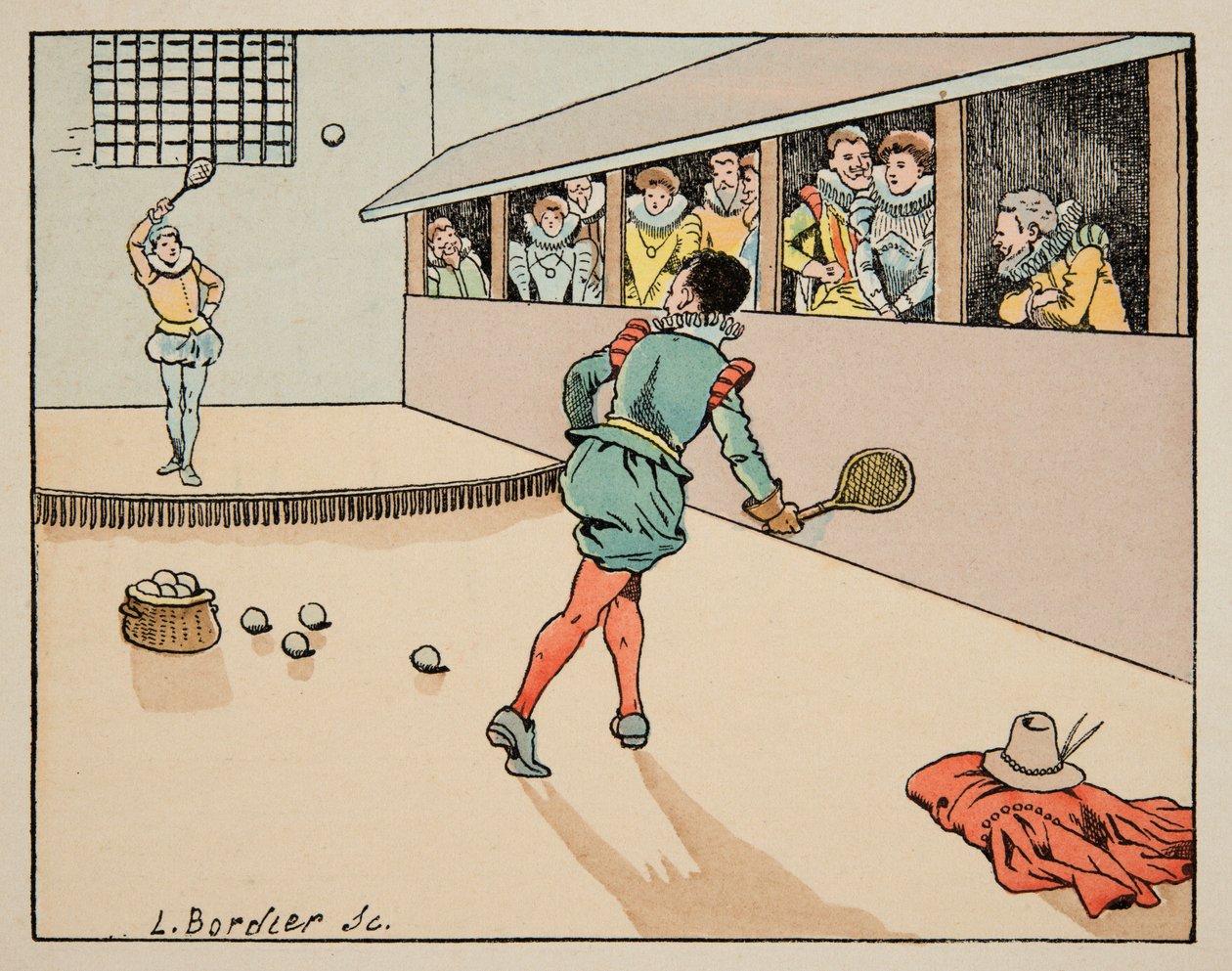 Illustrasjon hentet fra boken “Le bon roy Henri””, illustrert av Jacques Marie Gaston Onfray de Breville dit JOB (1858-1931): Education in the 16th century: game of palm - Privat samling av pseudonym for Onfray de Breville Jacques Job