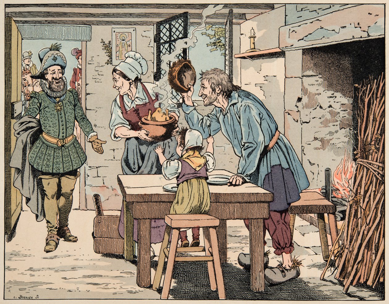 Illustrasjon hentet fra boken “Le bon roy Henri””, illustrert av Jacques Marie Gaston Onfray de Breville dit JOB (1858-1931): Henri IV i bøndene, for å spise kyllingen i gryta - Privat samling av pseudonym for Onfray de Breville Jacques Job